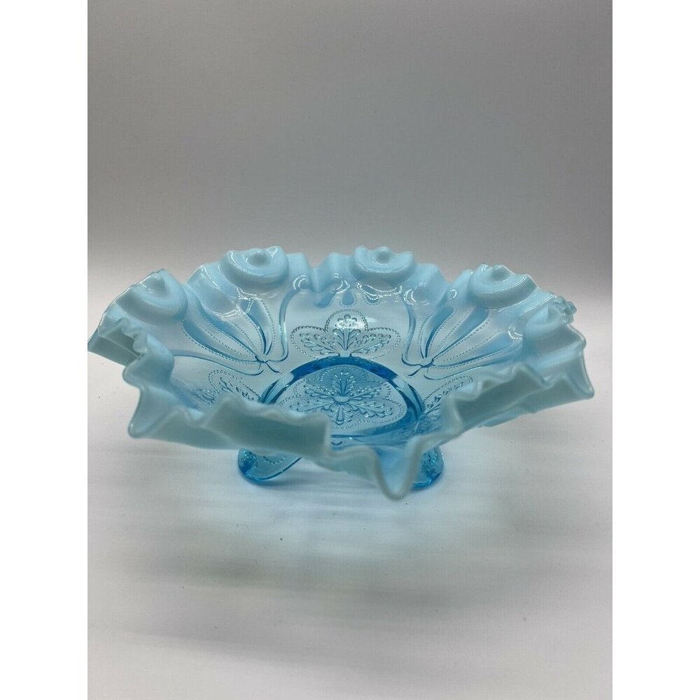 Jefferson Ruffled Blue Opalescent Glass Footed Bowl "Meander" Pattern